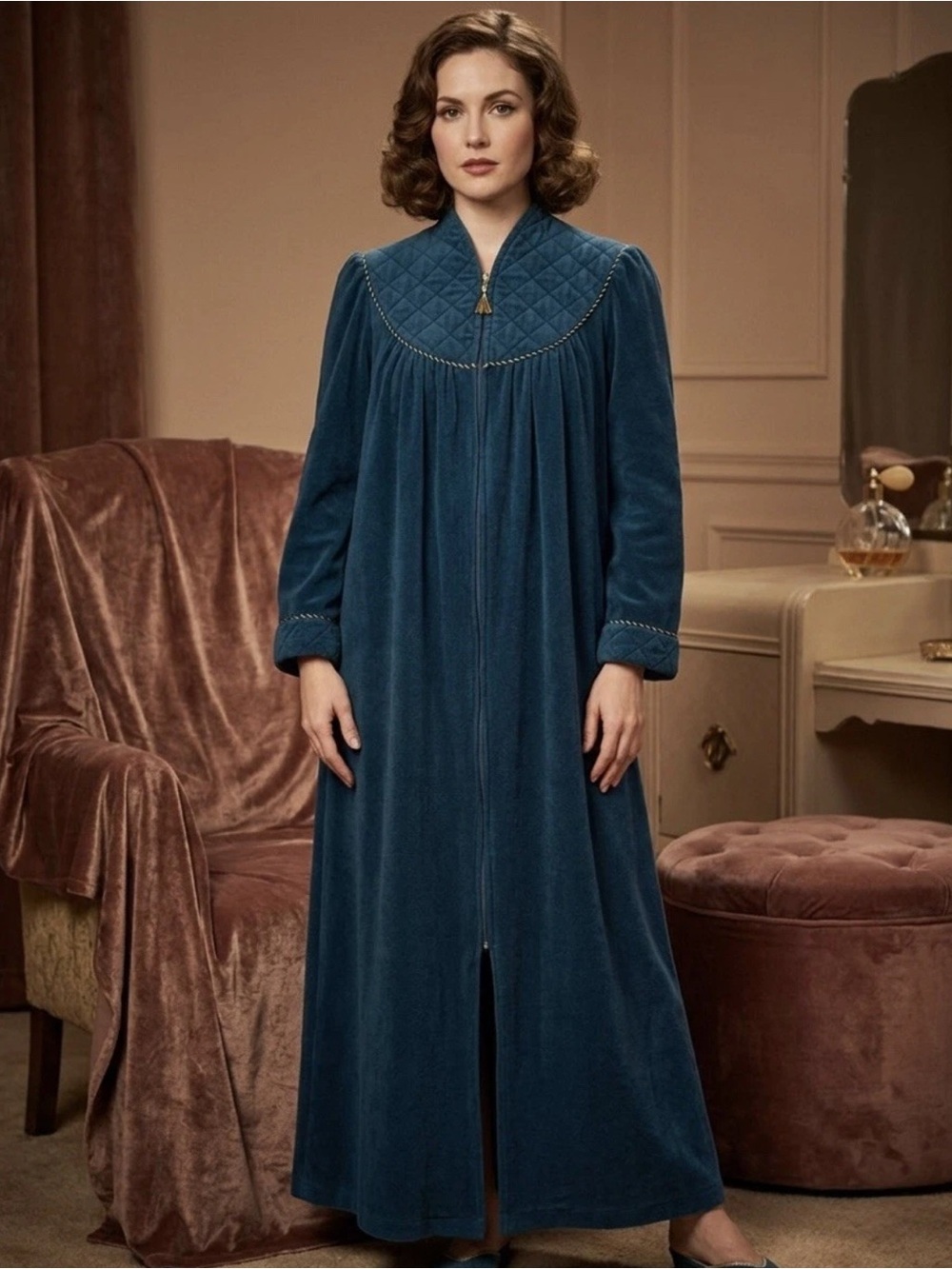 Vintage VANITY FAIR Dark Green Velour Long Robe Full Zip Pockets Women's Large